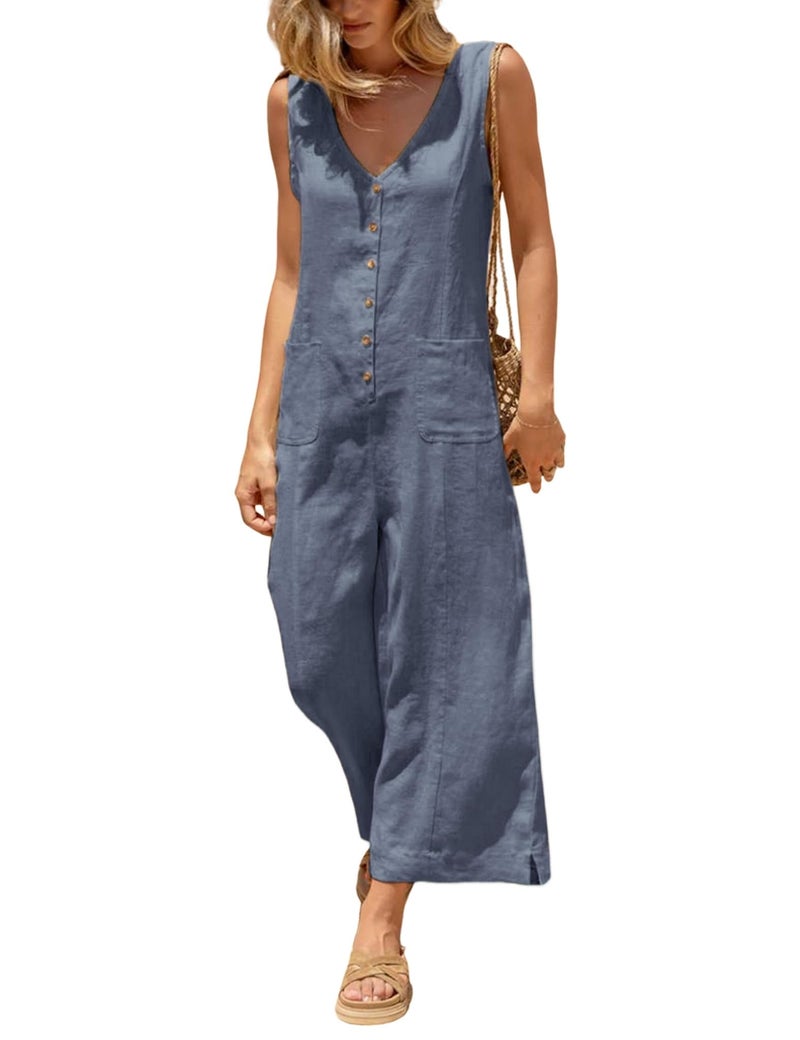 Yeokou Women Button Down Jumpsuits Cotton Linen Sleeveless Casual Wide Legs Rompers Loose Overall With Pockets(BlueGrey-M) - Image 1