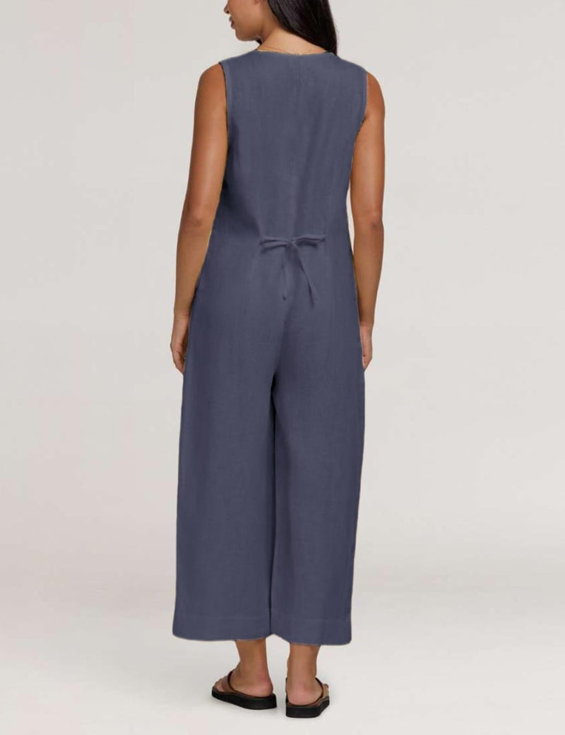 Yeokou Women Button Down Jumpsuits Cotton Linen Sleeveless Casual Wide Legs Rompers Loose Overall With Pockets(BlueGrey-M) - Image 5