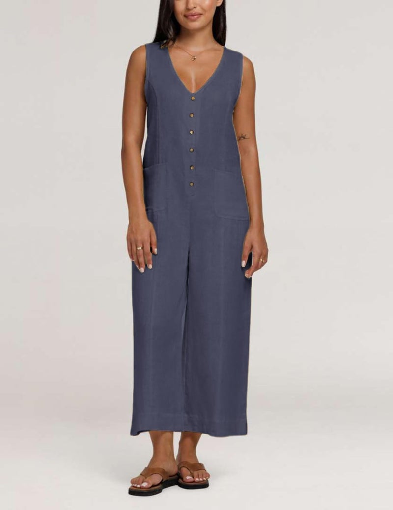 Yeokou Women Button Down Jumpsuits Cotton Linen Sleeveless Casual Wide Legs Rompers Loose Overall With Pockets(BlueGrey-M) - Image 4