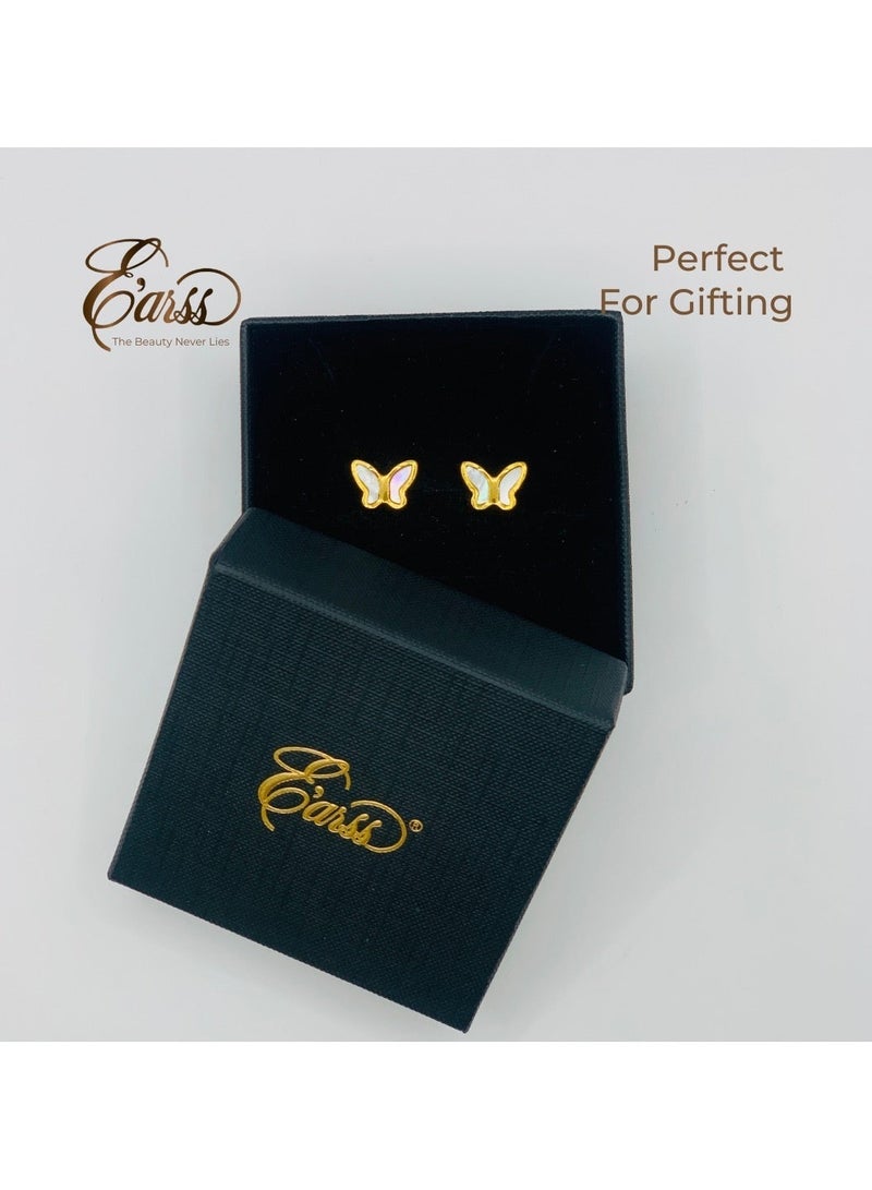 ايرس أقراط فراشة للنساء والبنات – أقراط ستد من الستانلس ستيل مطلية بالذهب مع تطعيم عرق اللؤلؤ – تصميم أنيق وبسيط مع قفل خلفي - Image 5