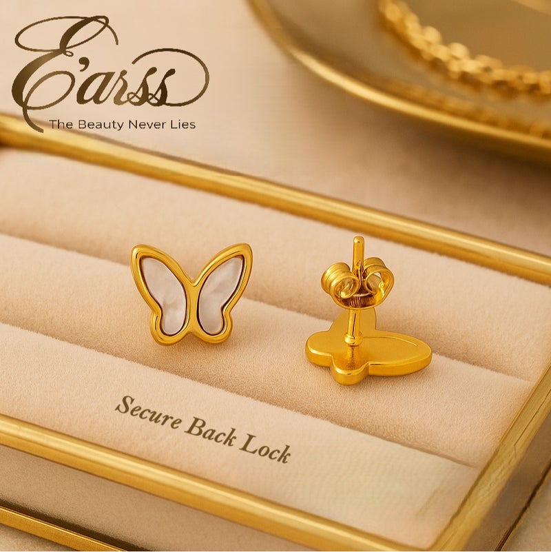 ايرس أقراط فراشة للنساء والبنات – أقراط ستد من الستانلس ستيل مطلية بالذهب مع تطعيم عرق اللؤلؤ – تصميم أنيق وبسيط مع قفل خلفي - Image 3