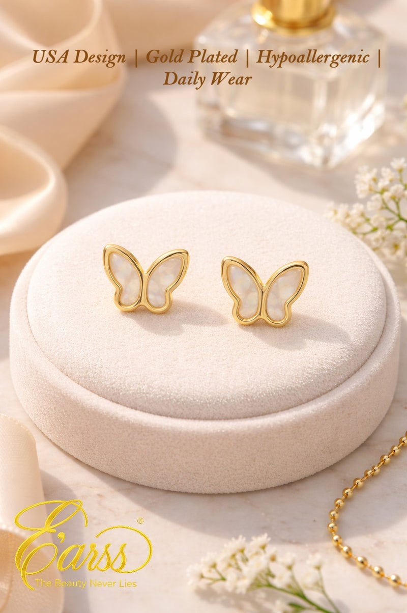 ايرس أقراط فراشة للنساء والبنات – أقراط ستد من الستانلس ستيل مطلية بالذهب مع تطعيم عرق اللؤلؤ – تصميم أنيق وبسيط مع قفل خلفي - Image 4