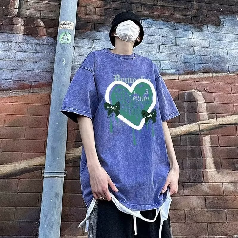 Fashion brand American retro graffiti love short sleeve T-shirt men's and women's summer Hong Kong style oversize couple's half sleeve top - Image 1