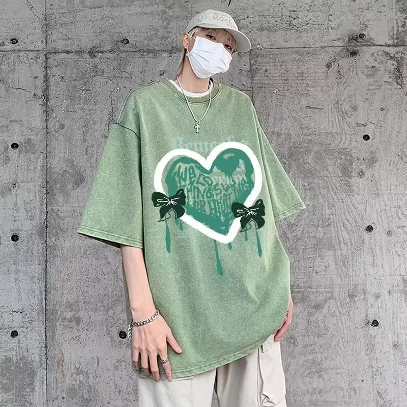 Fashion brand American retro graffiti love short sleeve T-shirt men's and women's summer Hong Kong style oversize couple's half sleeve top - Image 5
