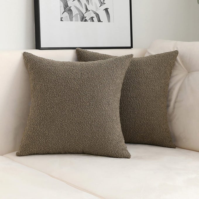 LIGHT BROWN DECORATIVE SQUARE THICK THROW PILLOW COVERS FINE TEXTURED BOUCLE COUCH CUSHION CASE FOR LIVING ROOM SOFA HOME DECOR SET OF 2 18 X 18 INCH