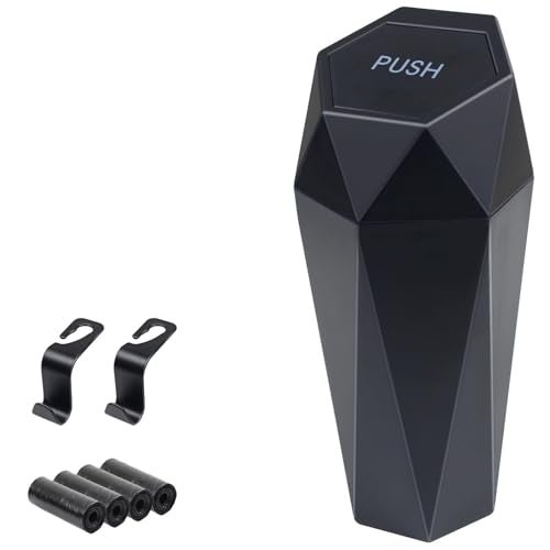 BFXM Car Trash Can Car Trash Bin with Lid Car Accessories for Women Interior Car Garbage Can with Additional 2 ABS Hooks and 60pcs Trash Bags Suitable for Home Office Car Organizer Black - Image 1