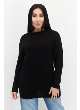 Women Ribbed Collar Knitted Sweater, Black