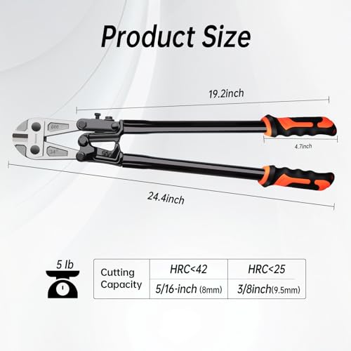 NOEAIKE 24 Inch Bolt Cutter Heavy Duty Forged T8 Steel Blade Wire Cutters for Chain/Metal/Screw/Rivet/Medium Padlock/Fence with Rubber Grip Handle - Image 2