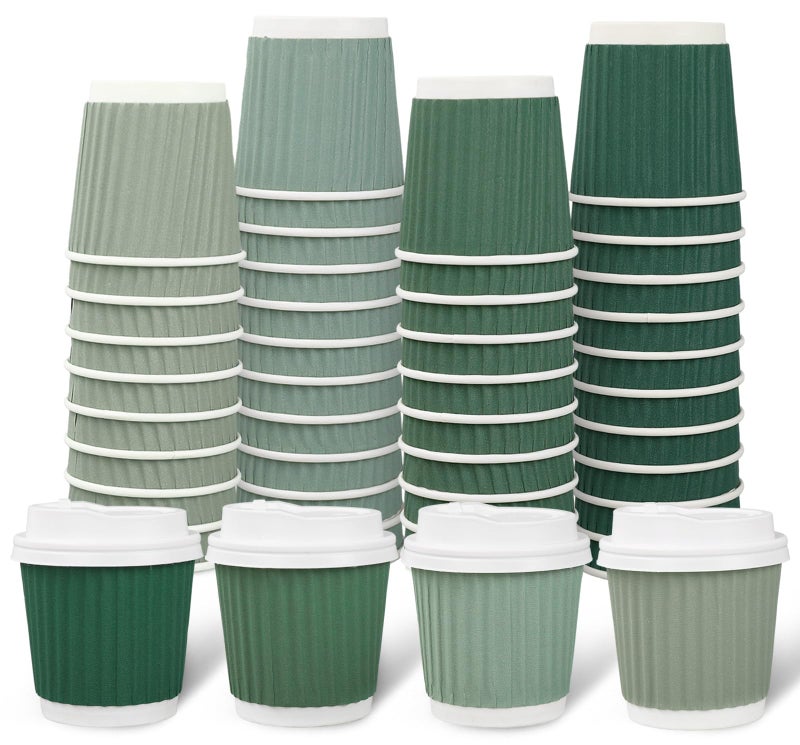 Whaline أكواب إسبرسو قابلة للتصرف 100 قطعة باللون الأخضر المريمي مع أغطية سعة 4 أونصات أكواب ورقية متدرجة اللون الأخضر جدران مموجة معزولة للأكواب الساخنة للاستخدام المنزلي والمكتبي ولوازم الحفلات - Image 1