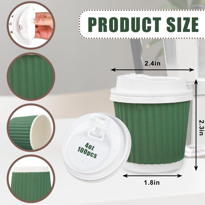 Whaline أكواب إسبرسو قابلة للتصرف 100 قطعة باللون الأخضر المريمي مع أغطية سعة 4 أونصات أكواب ورقية متدرجة اللون الأخضر جدران مموجة معزولة للأكواب الساخنة للاستخدام المنزلي والمكتبي ولوازم الحفلات - Image 2