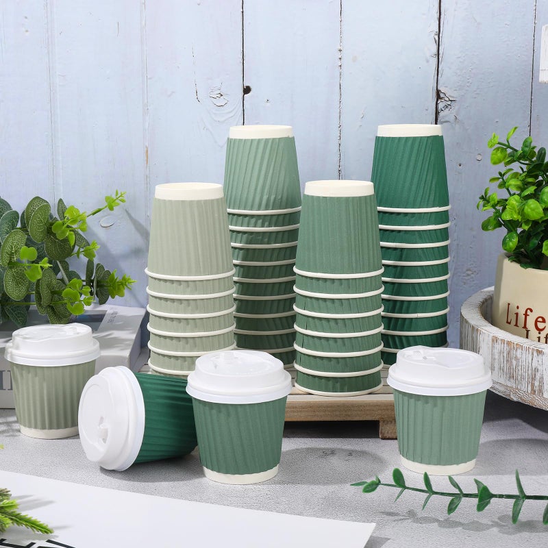 Whaline أكواب إسبرسو قابلة للتصرف 100 قطعة باللون الأخضر المريمي مع أغطية سعة 4 أونصات أكواب ورقية متدرجة اللون الأخضر جدران مموجة معزولة للأكواب الساخنة للاستخدام المنزلي والمكتبي ولوازم الحفلات - Image 4