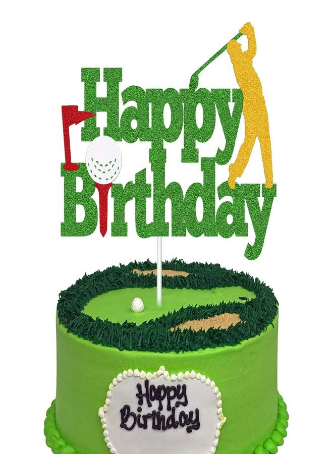 YOYMARR Golf Cake Topper Happy Birthday Sign Golf Ball Player Cake Decorations for Sport Theme Man Boy Girl Birthday Party Supplies Double Sided Green Sparkle Decor - Image 1