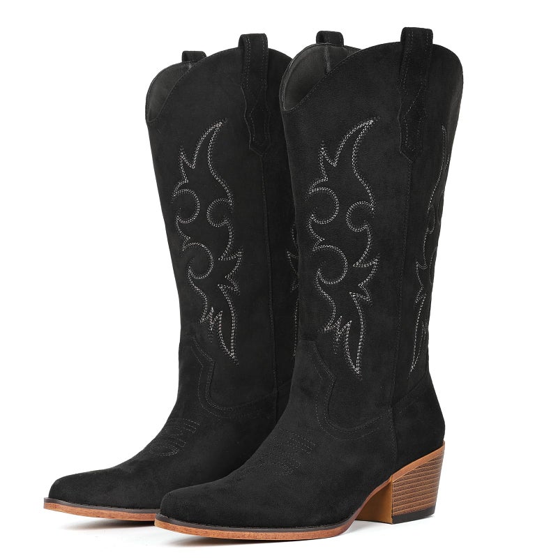 IUV Suede Cowboy Boots For Women Western Cowgirl Boots Mid Calf Snip Toe Boot With Chunky Heel - Image 1