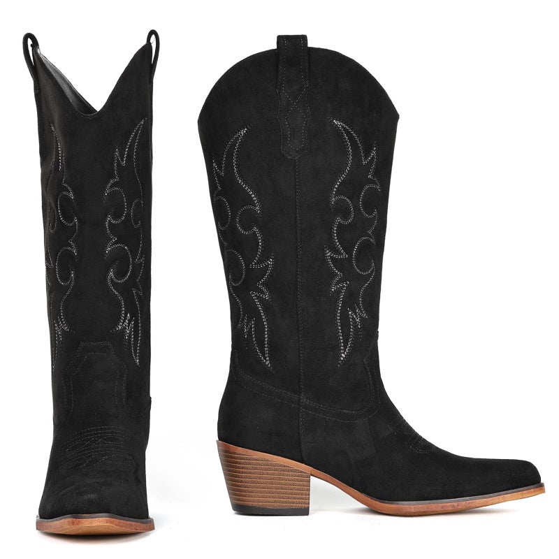IUV Suede Cowboy Boots For Women Western Cowgirl Boots Mid Calf Snip Toe Boot With Chunky Heel - Image 4