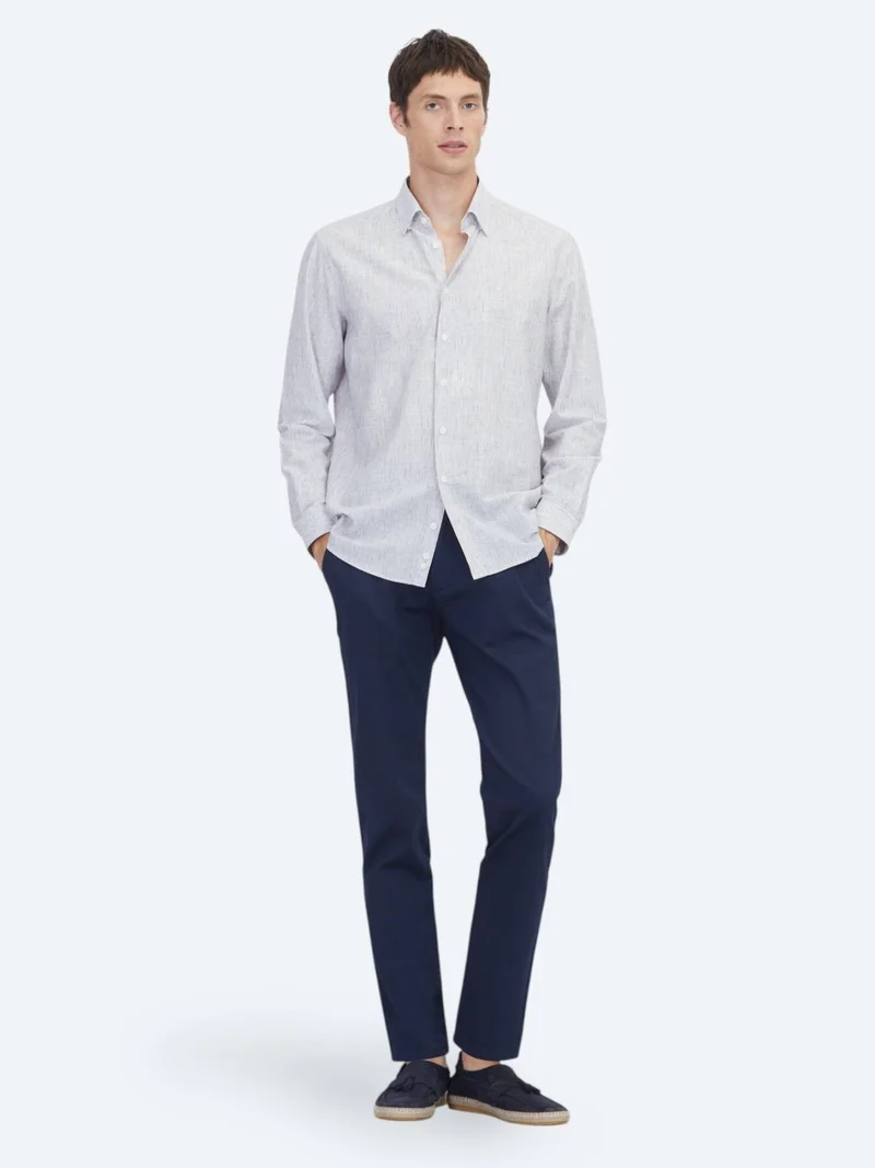 Kip Light Navy Blue Plain Regular Fit Long Weaving Casual Cotton Blended Shirt