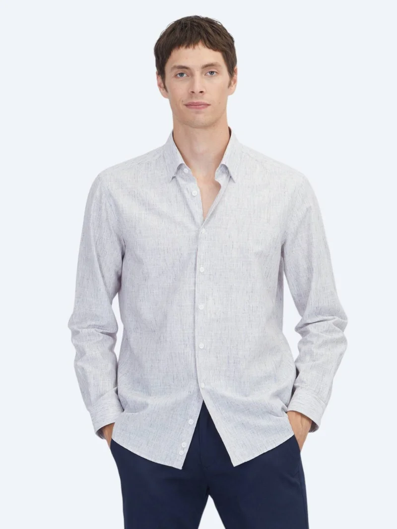 Kip Light Navy Blue Plain Regular Fit Long Weaving Casual Cotton Blended Shirt