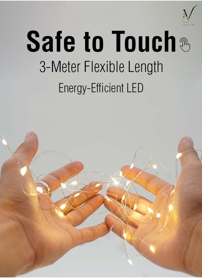 VIEW STAR Viewstar Pack of 3 (9 Meters) Battery Powered LED Fairy String Lights - LED Lights - Decor Lights - Home Lights – Warm White Decorative Lights for Indoor & Outdoor Use, Flexible Copper Wire Lights for Parties, Weddings, Home Décor, and Festive Events  - Image 5
