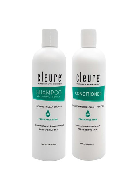 Cleure Shampoo and Conditioner Set Sulfate Free, Fragrance Free for Sensitive Skin - Volumizing Shampoo & Hydrating Conditioner (12 Oz each, Pack of 2)