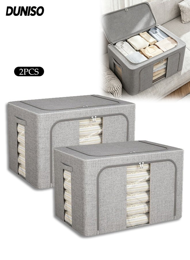 2 PCS Clothes Storage Bins with Metal Frame and Lid,Foldable Closet Organizers Storage Containers,66L Storage Bags Fabric Box Organizer with Clear Window,Suitable for Blanket Bedding,Clothes,Comforter (Grey)