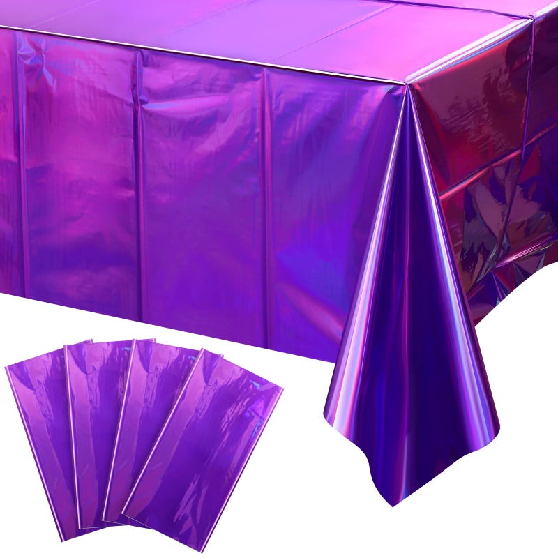 FunnyPars 4 Pack Iridescent Purple Plastic Tablecloths Shiny Disposable Laser Rectangle Table Covers Foil Tablecloth Iridescent Party Decorations for Birthday Bridal Wedding Christmas 54x108 Inch
