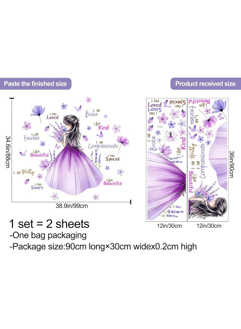 Butterfly Girl Wall Decal Flower Fairy Princess Wall Stickers Inspirational Quote Purple Lavender Floral Vinyl DIY Removable Peel and Stick Nursery Wall Decor for Kids Baby Bedroom Decoration - Image 2