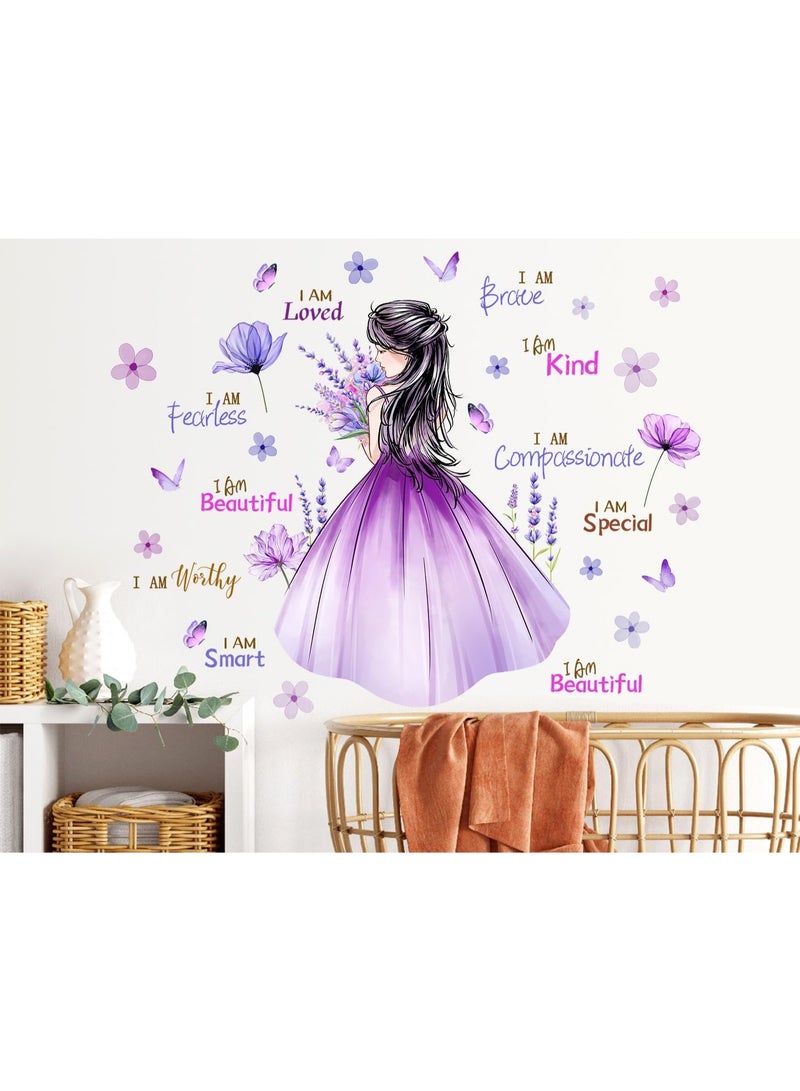 Butterfly Girl Wall Decal Flower Fairy Princess Wall Stickers Inspirational Quote Purple Lavender Floral Vinyl DIY Removable Peel and Stick Nursery Wall Decor for Kids Baby Bedroom Decoration - Image 1