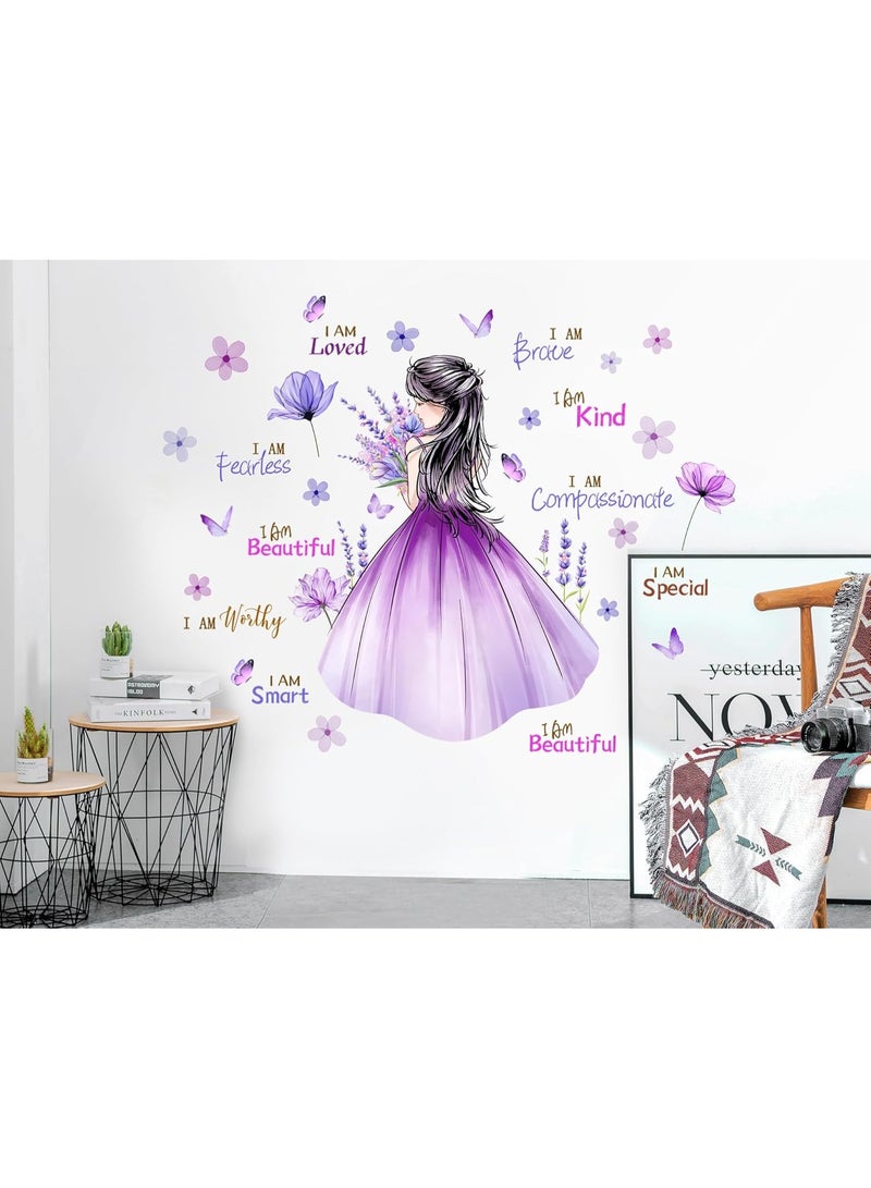 Butterfly Girl Wall Decal Flower Fairy Princess Wall Stickers Inspirational Quote Purple Lavender Floral Vinyl DIY Removable Peel and Stick Nursery Wall Decor for Kids Baby Bedroom Decoration - Image 3