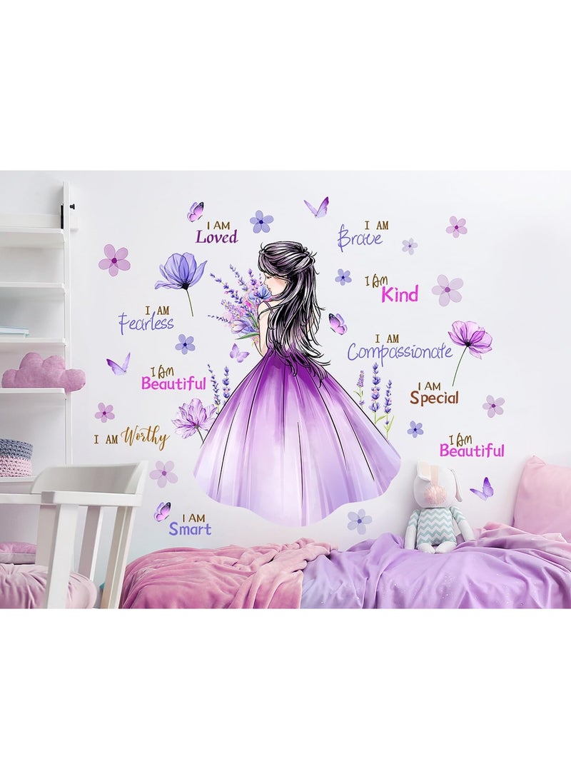 Butterfly Girl Wall Decal Flower Fairy Princess Wall Stickers Inspirational Quote Purple Lavender Floral Vinyl DIY Removable Peel and Stick Nursery Wall Decor for Kids Baby Bedroom Decoration - Image 4