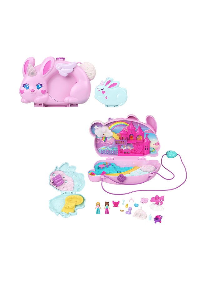 Polly Pocket Wearable Travel Toy With 2 Micro Dolls And 12 Accessories Including Pets, 2-In-1 Bunny Fun Compact Purse Playset With Bunny Unicorn Theme - Image 1