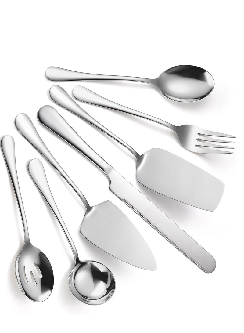 TRASSLE 7 PCS Flatware Serving Set Stainless Steel Utensils Include Soup Spoon,Slotted Spoon,Dessert Server,Large Serving Fork, Cake Knife,Large Serving Slotted Spoon,Pizza Spatula (Silver) - Image 1