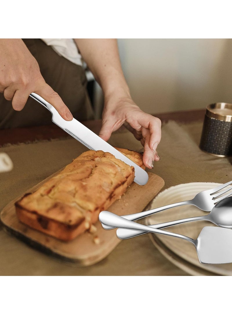 TRASSLE 7 PCS Flatware Serving Set Stainless Steel Utensils Include Soup Spoon,Slotted Spoon,Dessert Server,Large Serving Fork, Cake Knife,Large Serving Slotted Spoon,Pizza Spatula (Silver) - Image 3