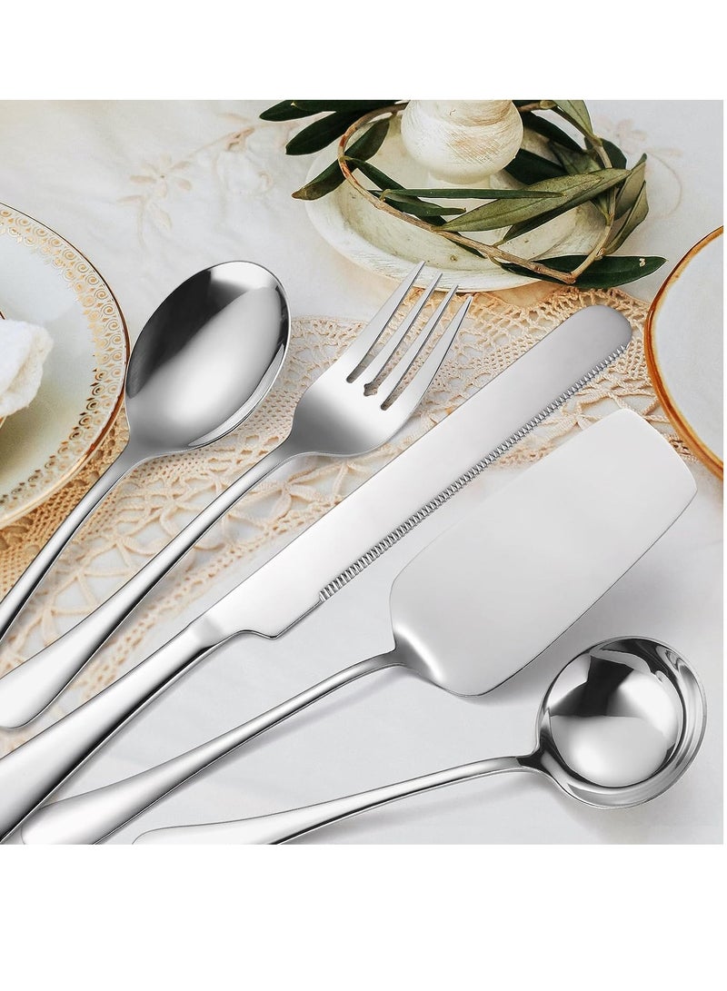 TRASSLE 7 PCS Flatware Serving Set Stainless Steel Utensils Include Soup Spoon,Slotted Spoon,Dessert Server,Large Serving Fork, Cake Knife,Large Serving Slotted Spoon,Pizza Spatula (Silver) - Image 5