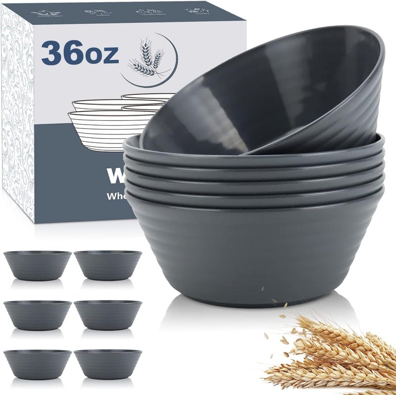 Wrova Wheat Straw Bowl Sets6PCS Unbreakable Cereal Bowl 36 OZMicrowave and Dishwasher Safe BowlsSalad Bowls for DormApartmentCampingPicnic Deep Grey - Image 1