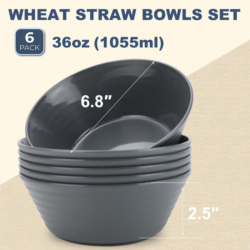 Wrova Wheat Straw Bowl Sets6PCS Unbreakable Cereal Bowl 36 OZMicrowave and Dishwasher Safe BowlsSalad Bowls for DormApartmentCampingPicnic Deep Grey - Image 2