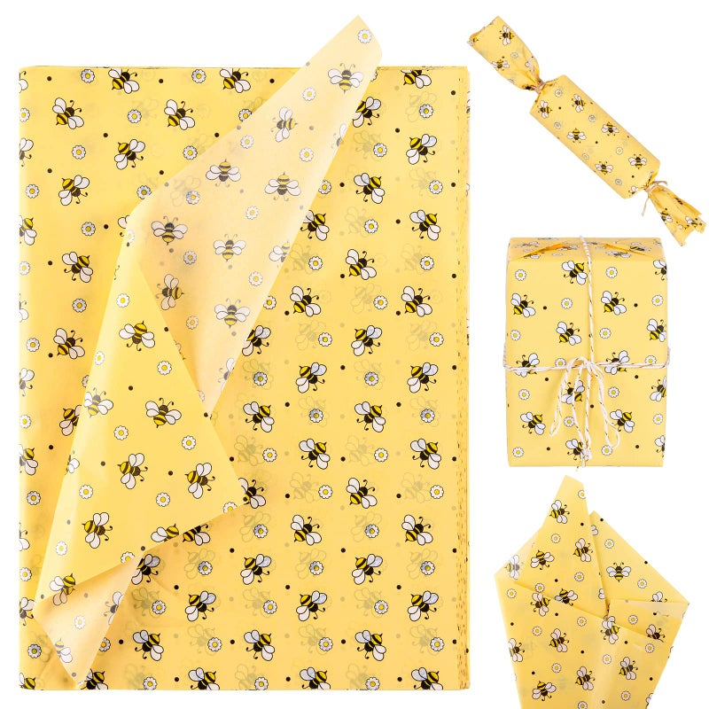 ورق تغليف هدايا نحلة صيفية من واهلين 100 ورقة لطيفة 138 × 197 بوصة زهور النحل الصفراء لتغليف الهدايا لعيد الميلاد وحفلات الأطفال والزفاف والعطلات والحرف اليدوية
