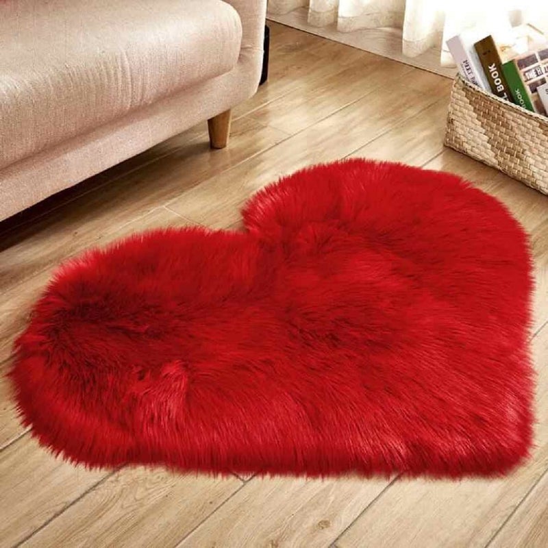 Dhanuom Heart Rugs for Valentines Day Fluffy Area Rug Accent Carpets for Bedroom Living Room Plush Mat Heart Shaped Faux Sheepskin Fur Rug 1Pcs Red - Image 1