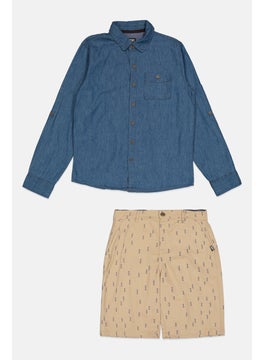 Kids Boy 2Pcs Washed Top And Printed Shorts, Denim Blue