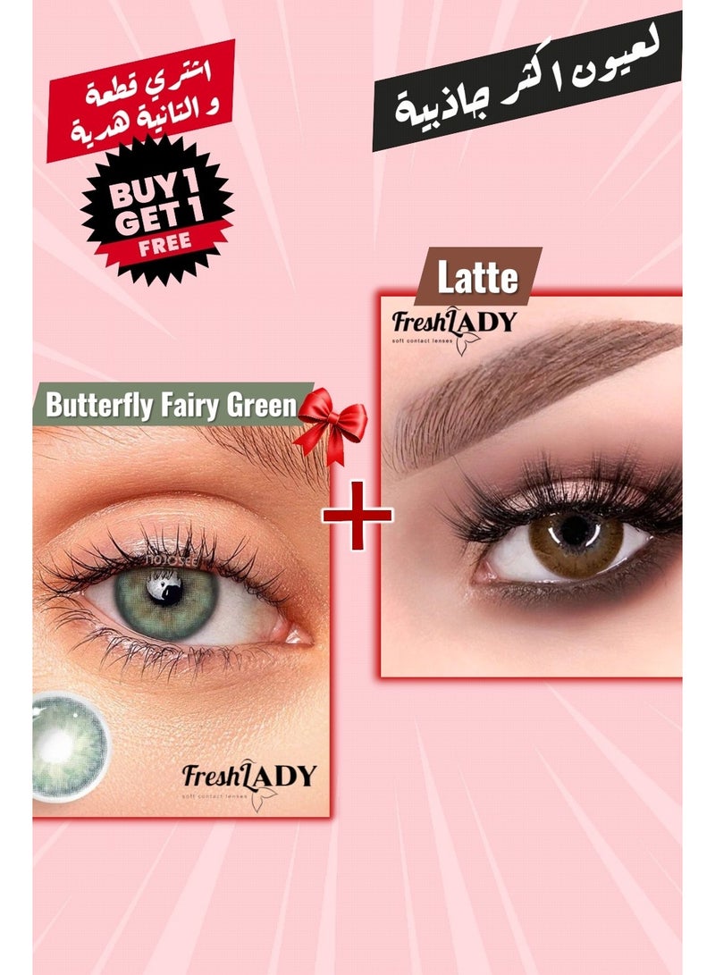 Get two pairs of colored contact lenses (Latte) pair + (Butterfly Fairy Green) pair for free