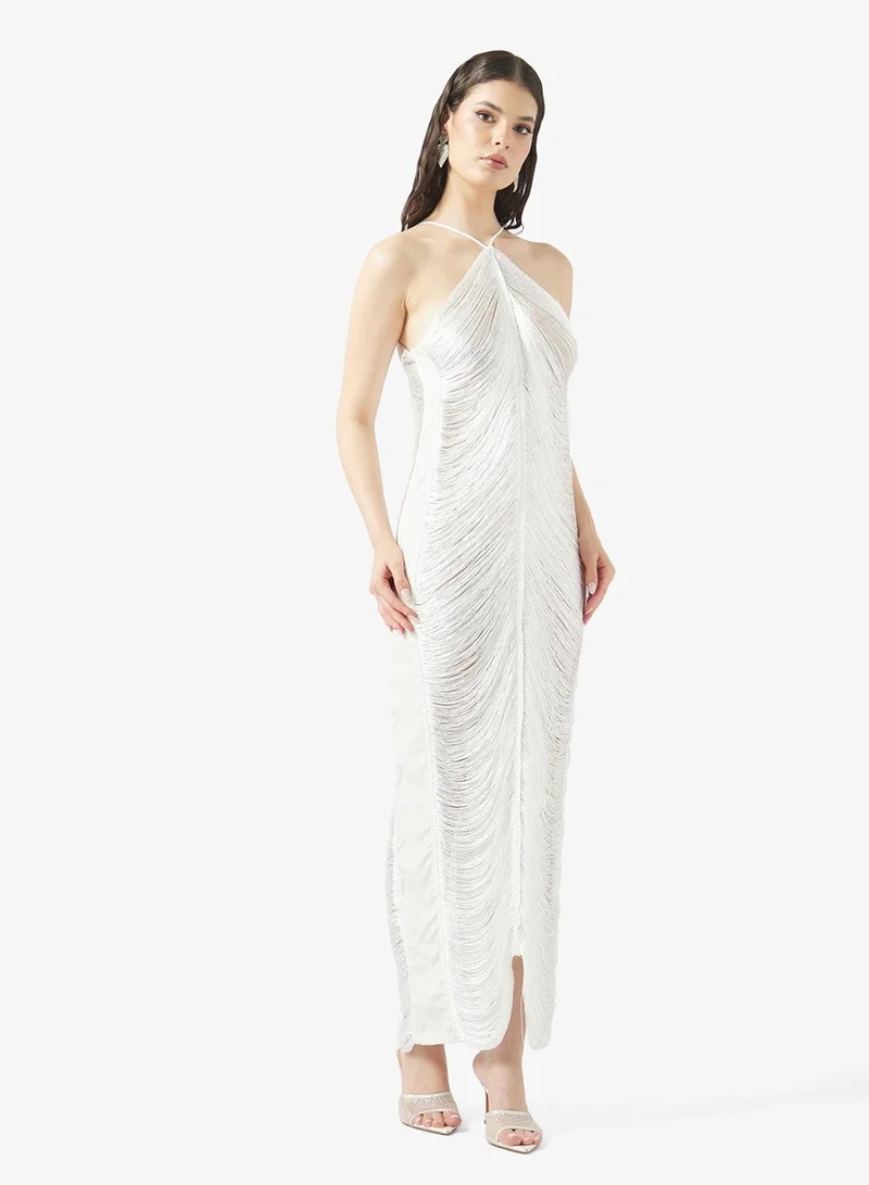 Ginger Halter Neck Fringe Detail Metallic Dress
