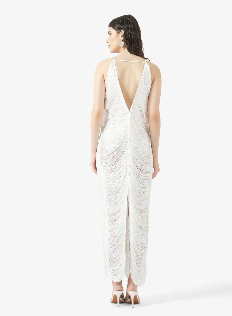 Ginger Halter Neck Fringe Detail Metallic Dress