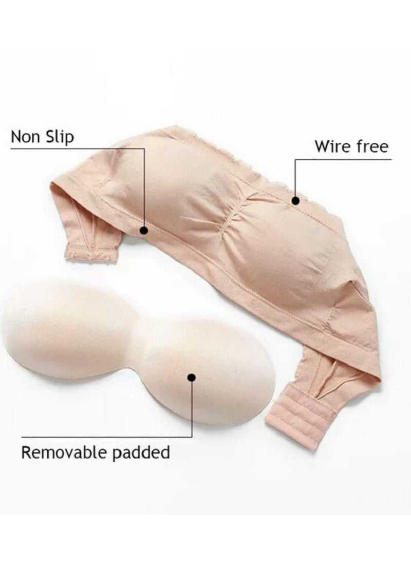 Glamroot - Women’s Padded Seamless Strapless Bandeau Tube Bra with Back Hook, Beige/White - Image 1