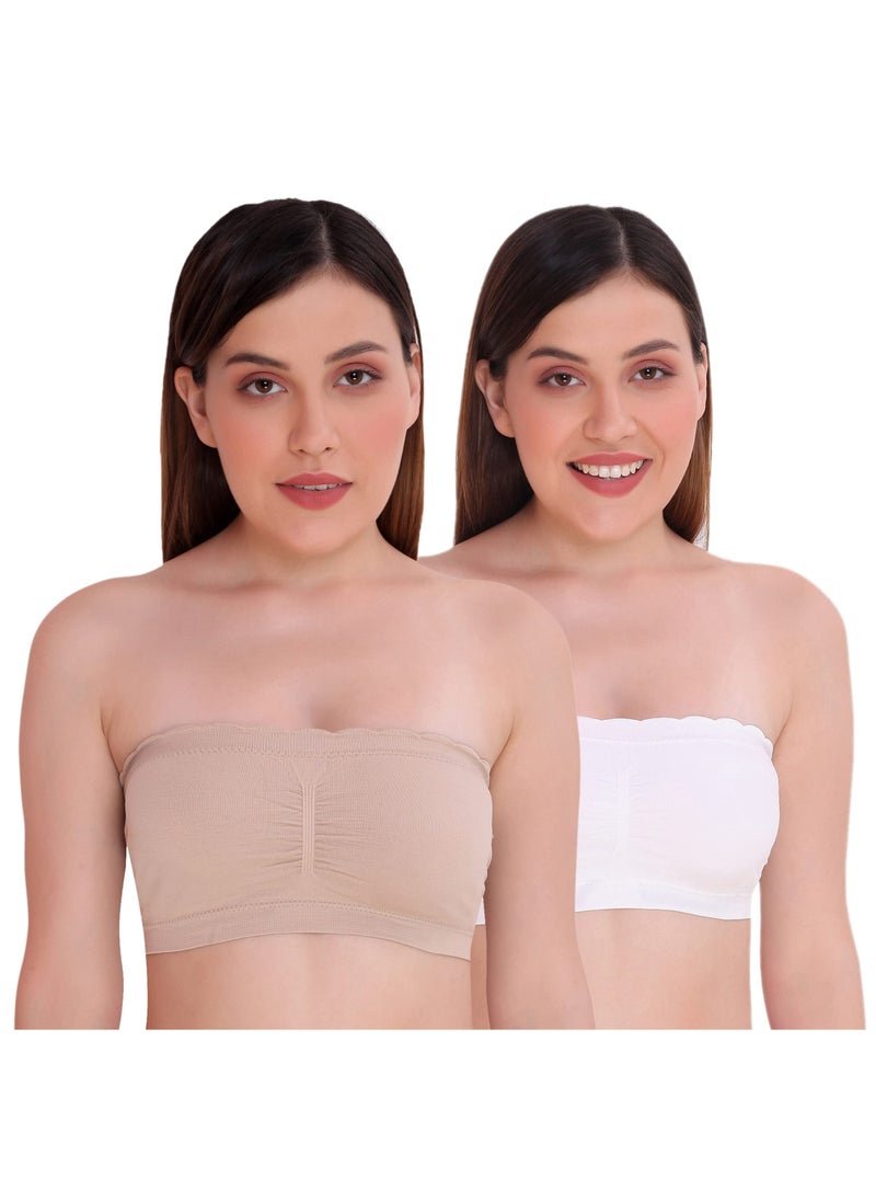 Glamroot - Women’s Padded Seamless Strapless Bandeau Tube Bra with Back Hook, Beige/White - Image 1