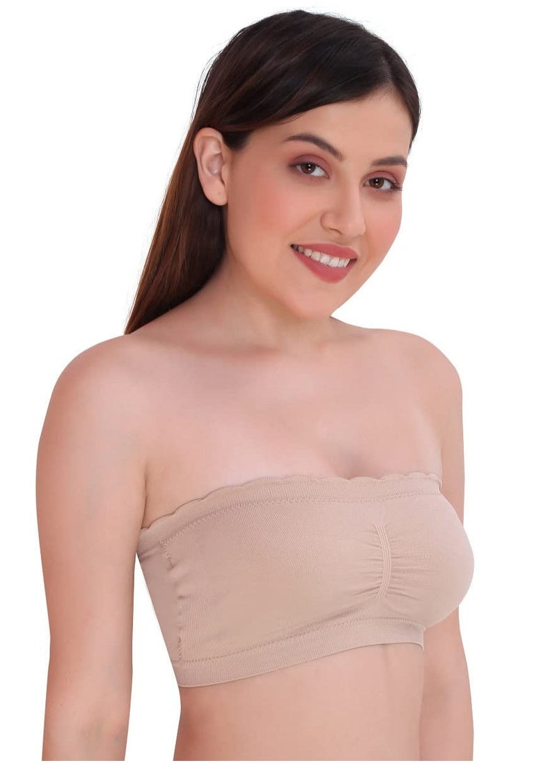Glamroot - Women’s Padded Seamless Strapless Bandeau Tube Bra with Back Hook, Beige/White - Image 1