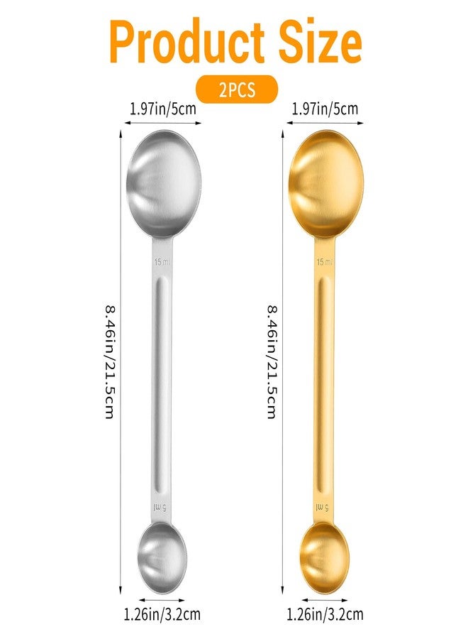 XLIUAX 2Pcs Double Sided Tablespoon Measuring Spoons, Measuring Spoon Stainless Steel Coffee Scoop Long-Handle 1 Tsp (5ml) & 1 Tbsp (15ml) Dual Measure for Coffee Milk Cooking Baking, Gold & Silver - Image 2