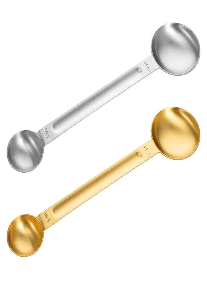 XLIUAX 2Pcs Double Sided Tablespoon Measuring Spoons, Measuring Spoon Stainless Steel Coffee Scoop Long-Handle 1 Tsp (5ml) & 1 Tbsp (15ml) Dual Measure for Coffee Milk Cooking Baking, Gold & Silver - Image 1