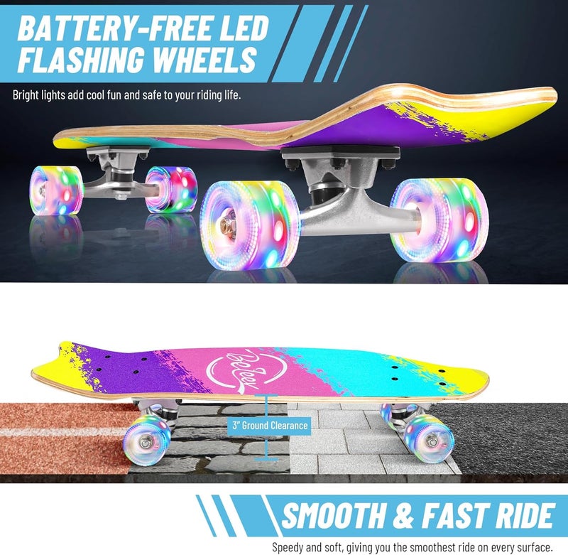 BELEEV Cruiser Skateboards for Beginners, 27 x 8 inch Complete Skateboard for Kids Teens Adults, 7 Ply Canadian Maple Double Kick Deck Concave Skateboard with Skate T-Tool - Image 2