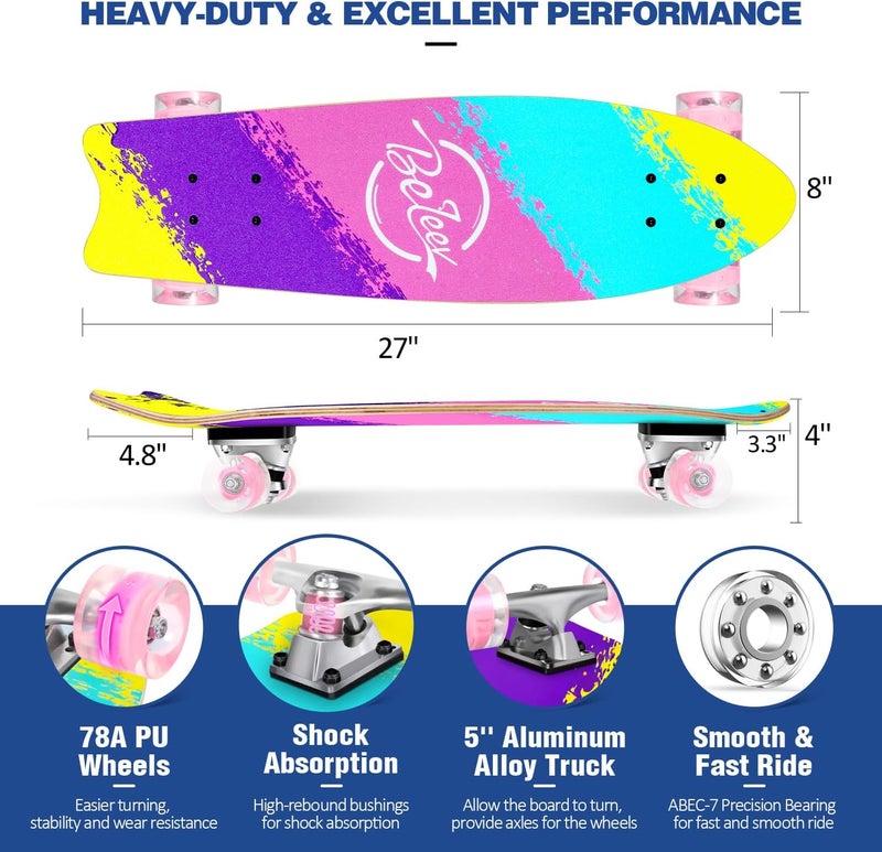 BELEEV Cruiser Skateboards for Beginners, 27 x 8 inch Complete Skateboard for Kids Teens Adults, 7 Ply Canadian Maple Double Kick Deck Concave Skateboard with Skate T-Tool - Image 3