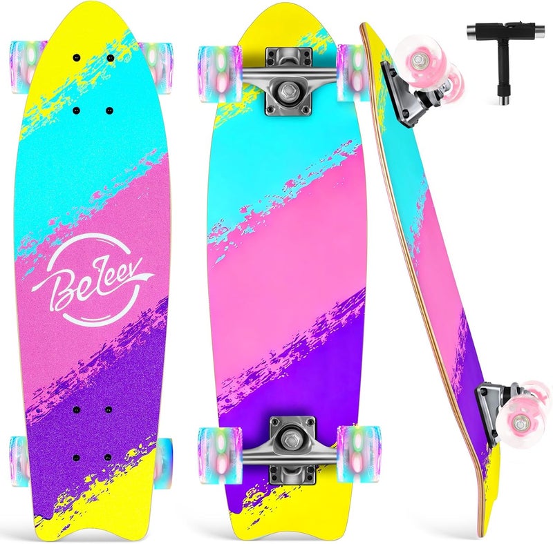 BELEEV Cruiser Skateboards for Beginners, 27 x 8 inch Complete Skateboard for Kids Teens Adults, 7 Ply Canadian Maple Double Kick Deck Concave Skateboard with Skate T-Tool - Image 1
