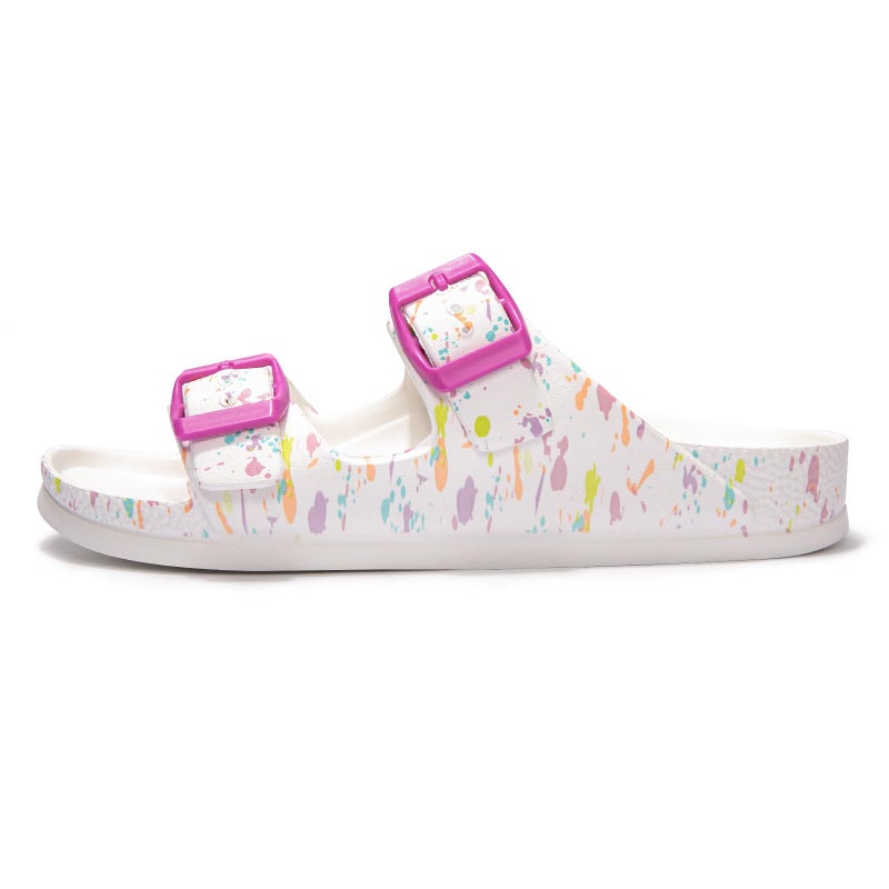 FUNKYMONKEY Women's Comfort Slides, Adjustable Double Buckle with Arch Support EVA Non-Slip Flat Sandals for Vacation & Daily Wear (8 M US, White-Mixed Color) - Image 2