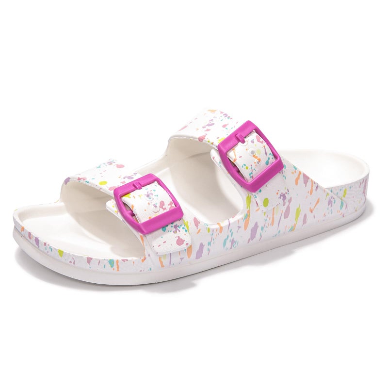 FUNKYMONKEY Women's Comfort Slides, Adjustable Double Buckle with Arch Support EVA Non-Slip Flat Sandals for Vacation & Daily Wear (8 M US, White-Mixed Color) - Image 1